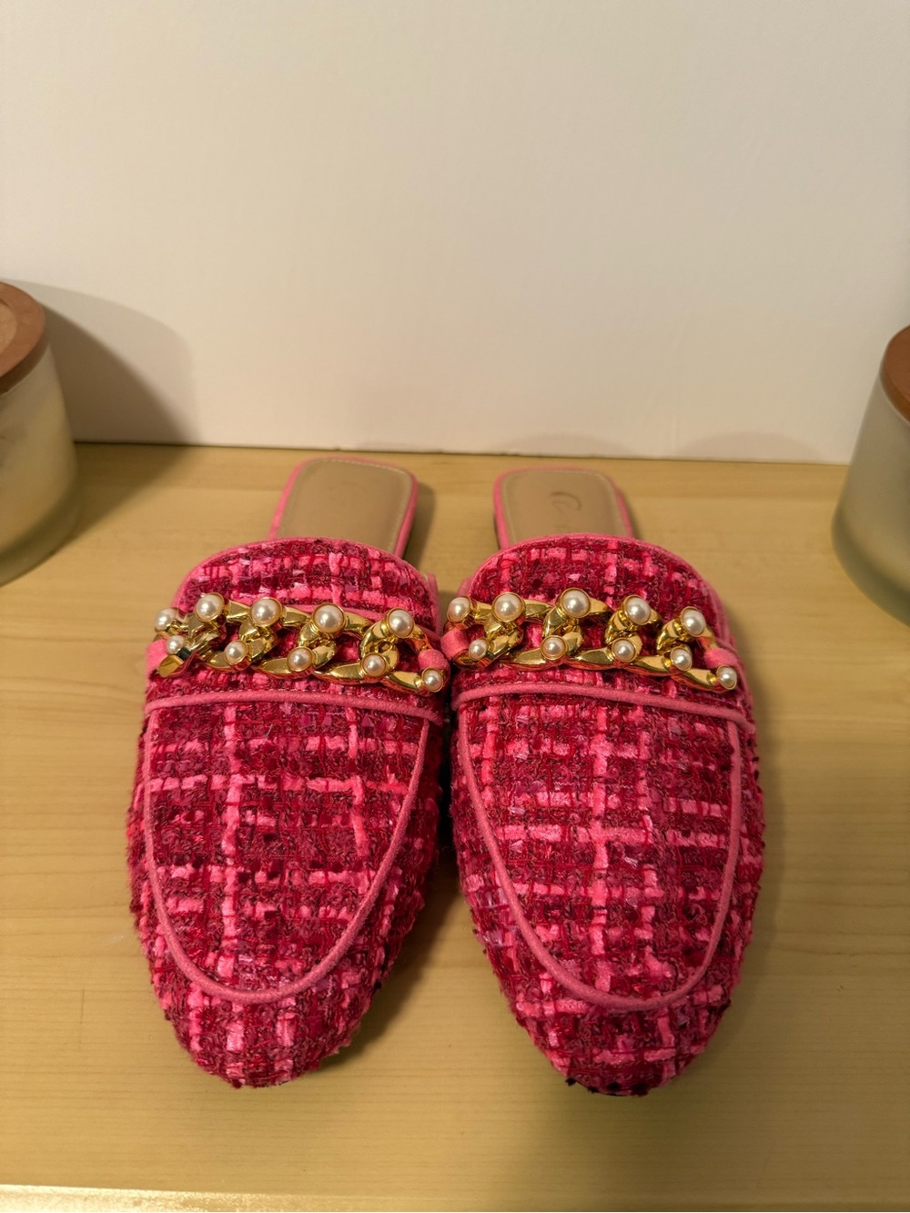 Cato Pink Tweed Pearl & Gold Chain Mules